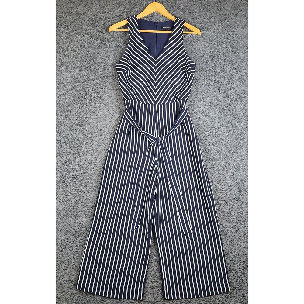 Banana Republic Navy Blue White Striped Sleeveless Wide Leg Jumpsuit Size 2